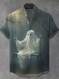 Halloween Ghost Men's Pocket Short Sleeve Stand Collar Shirts