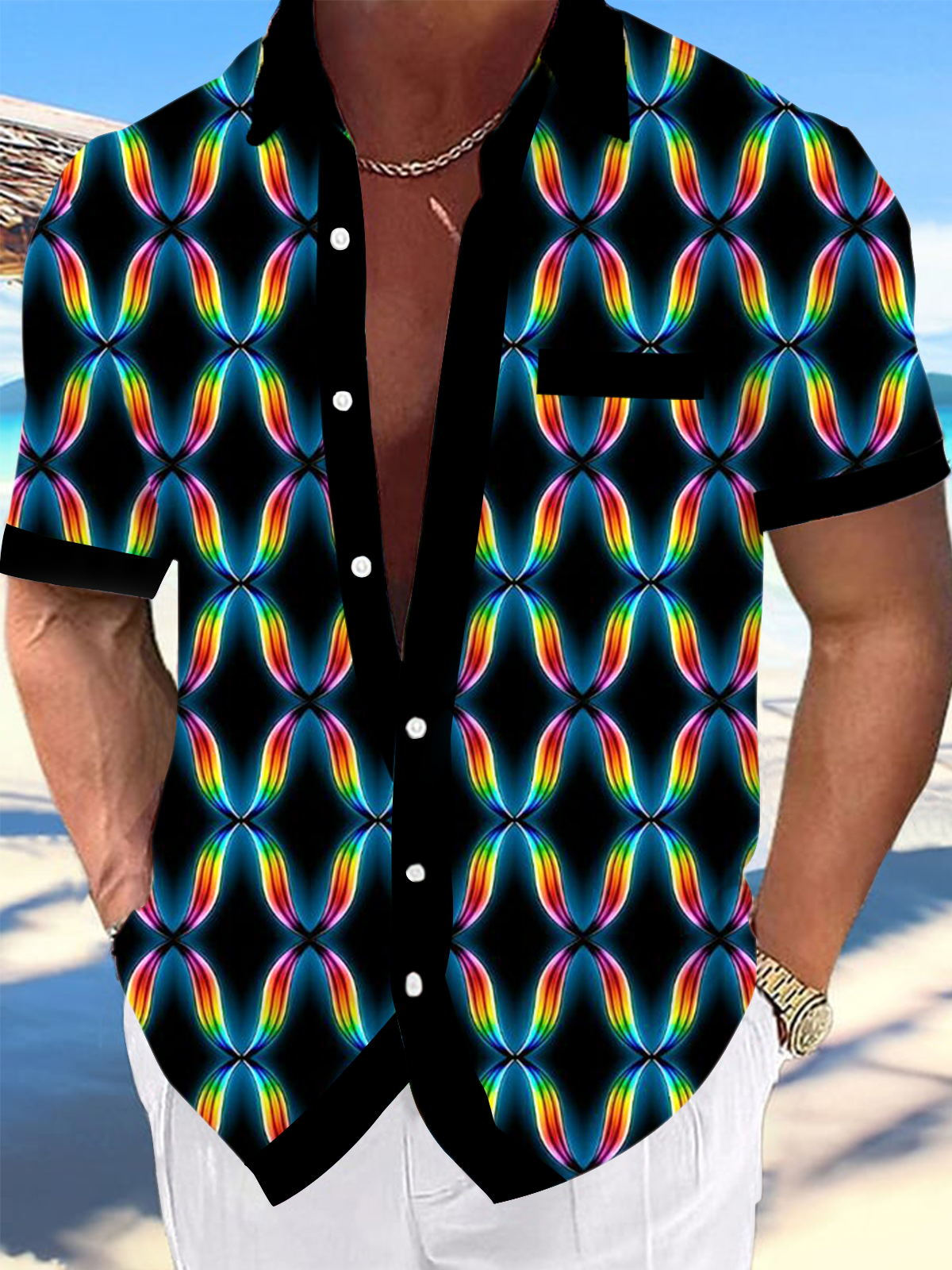 Geometric Color Gradient Print Men's Pocket Short Sleeve Shirts