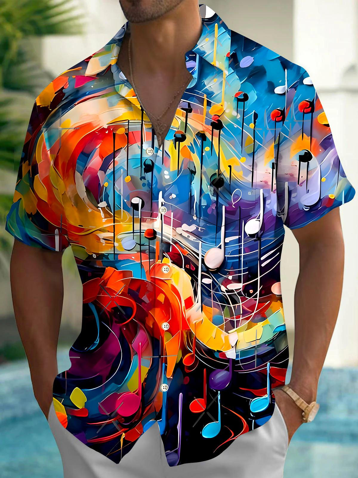 Tie Dye Musical Note Men's Pocket Short Sleeve Shirts