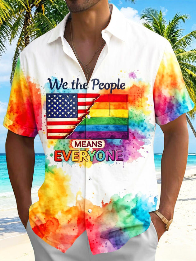 Pride Month We The People Means Everyone Colorful Tie Dye American Flag Equality Men's Pocket Short Sleeve Shirts