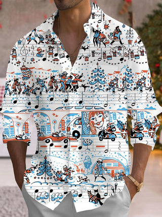 Men's fun art print pocket long sleeve shirt front view Christmas holiday party