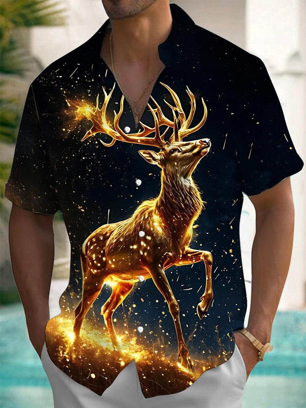 Men's golden elk print short sleeve shirt front view