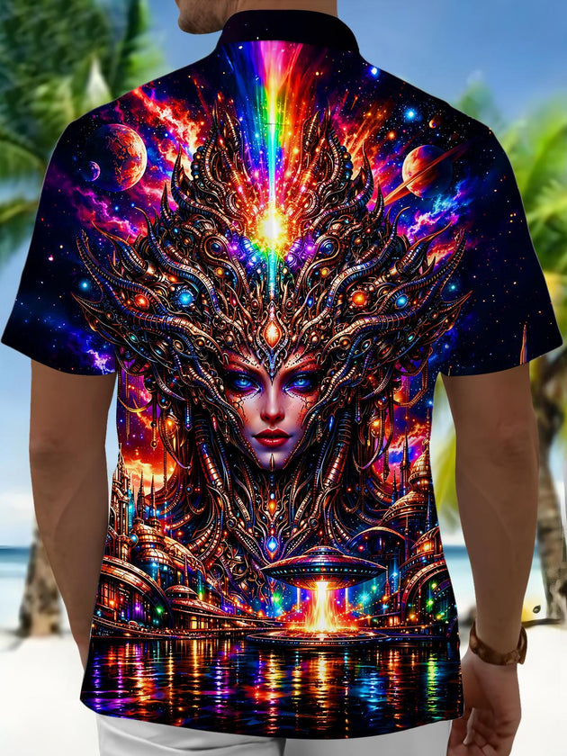 Dark Cyberpunk Colorful Cosmic Alien Men's Pocket Short Sleeve Shirts