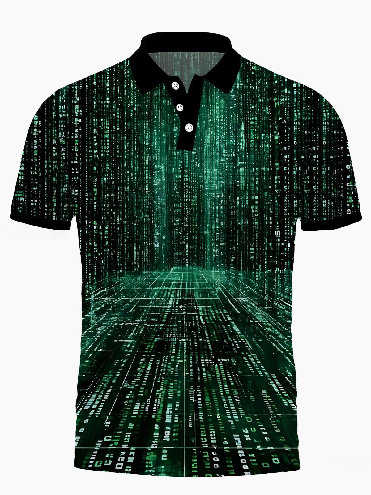 Code Print Men's Short Sleeve Button Polo Shirt