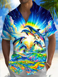 Marine Life Dolphin Print Men's Pocket Short Sleeve Shirts