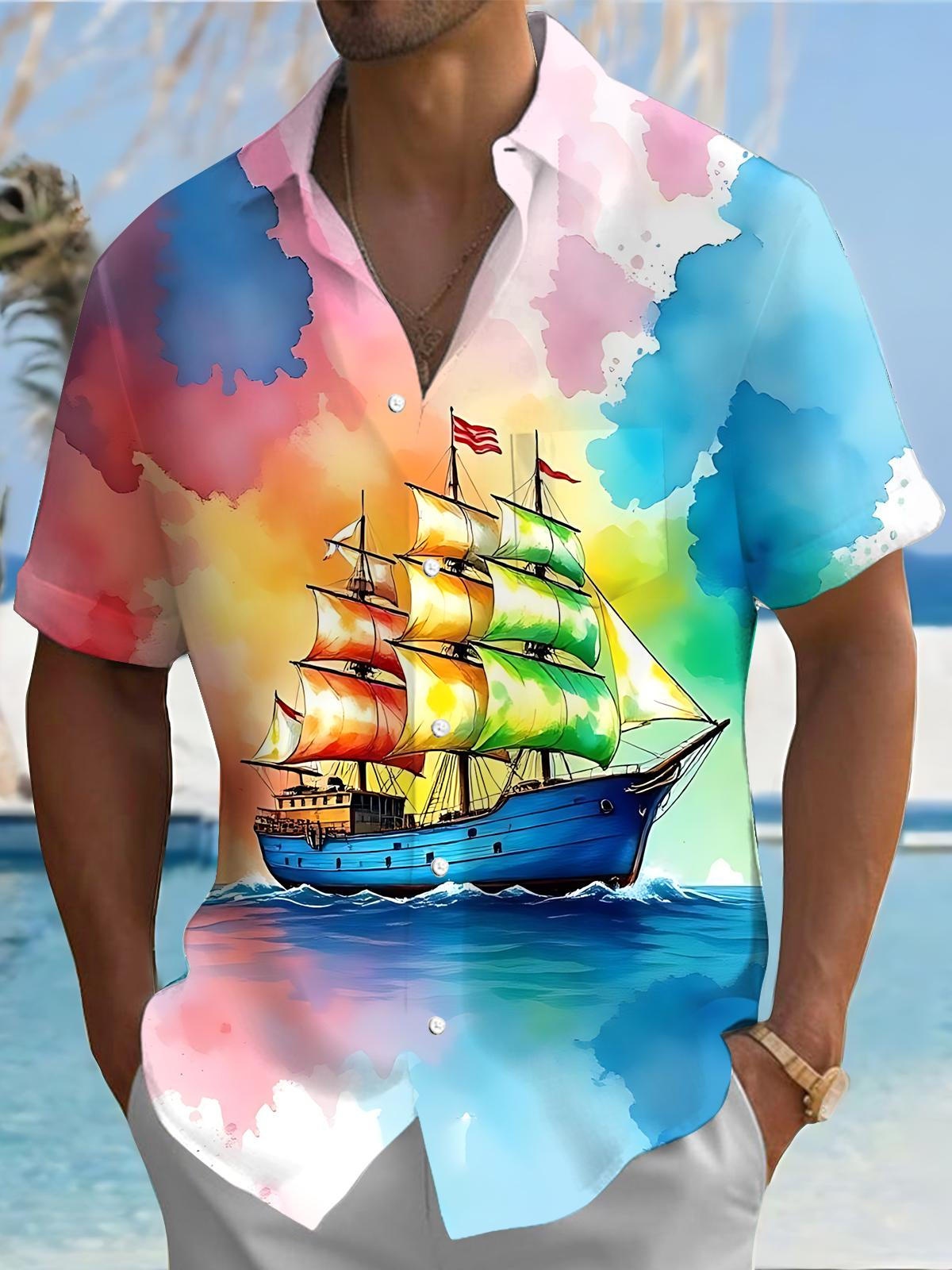Boat Print Men's Pocket Short Sleeve Shirts