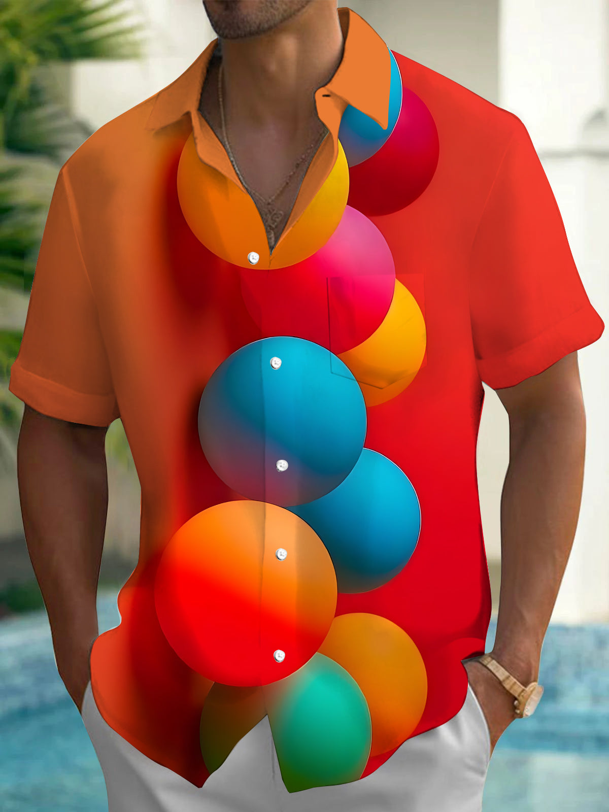Colorful Balloon Print Men's Pocket Short Sleeve Shirts