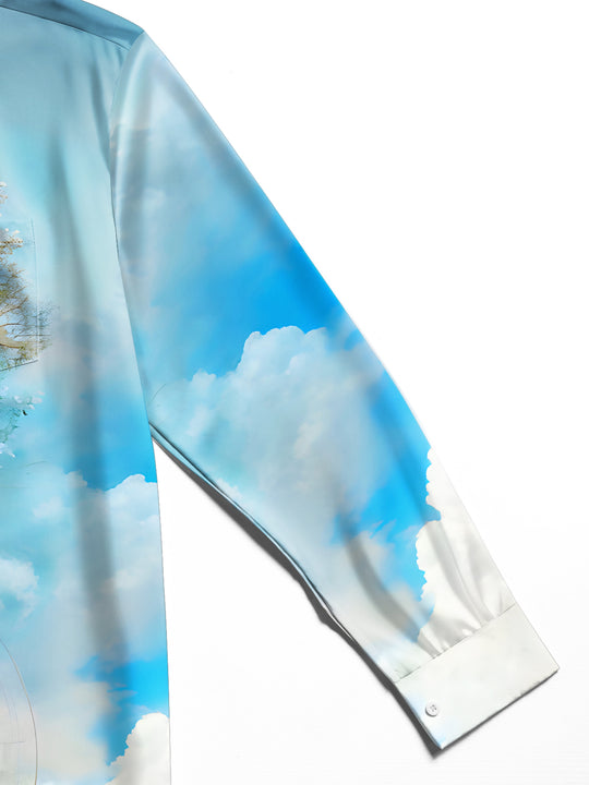 Men's Art Wisdom Life Tree Bird long sleeve shirt close-up detail view