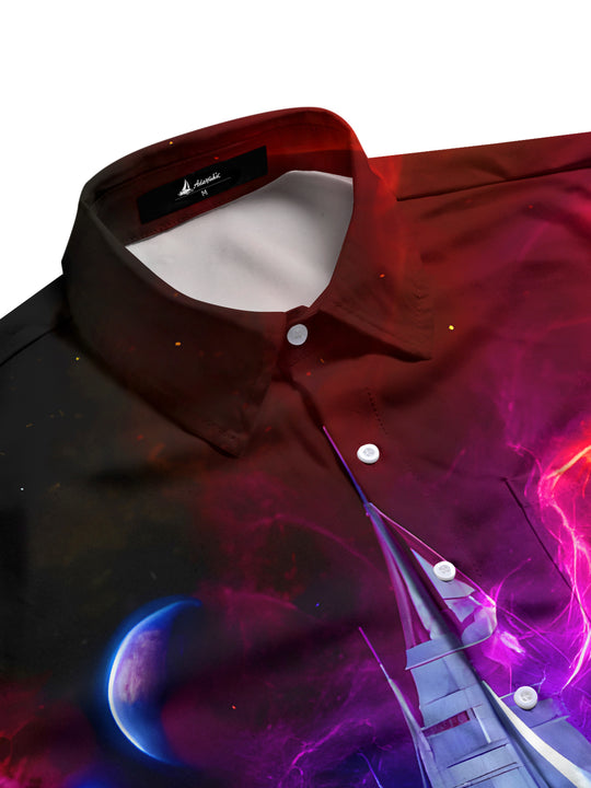 men's Art Interstellar Boat pattern full sleeve pocket shirt side view