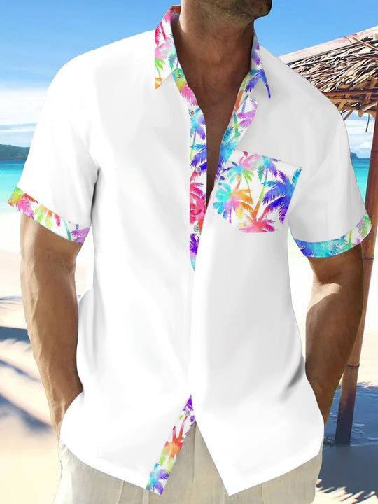 Men's Hawaiian coconut tree print short sleeve shirt front view tropical beach vacation