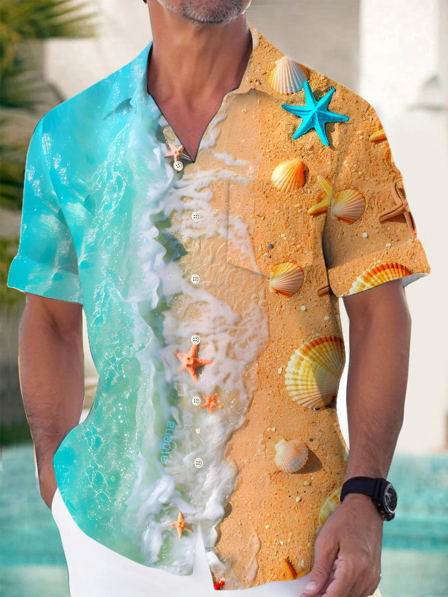 Men's blue fish print short sleeve shirt front view for beach vacation