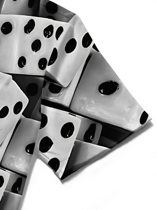 Men's dice print short sleeve shirt close-up fabric texture detail
