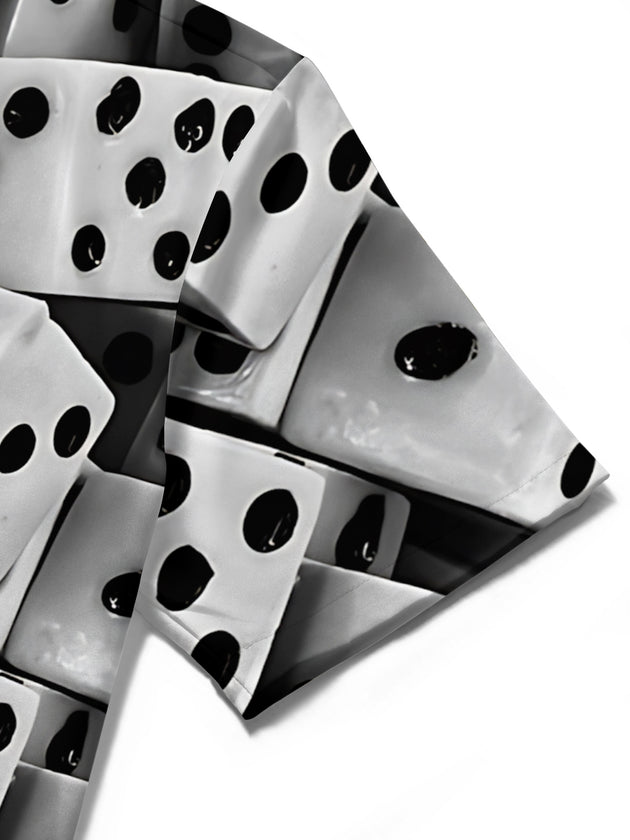 Men's dice print short sleeve shirt close-up fabric texture detail
