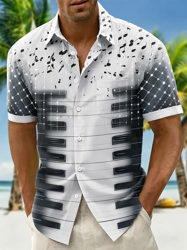 Black White Piano Key Musical Note Art Men's Pocket Short Sleeve Shirts