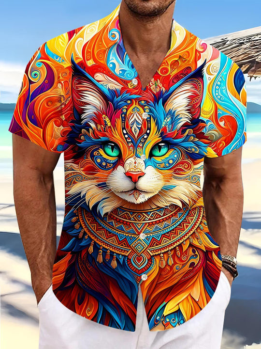 Bohemian Colorful Ethnic Totem Tribal Pattern Cat Men's Pocket Short Sleeve Shirts