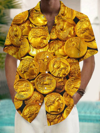 Men's gold coin print short sleeve shirt front view