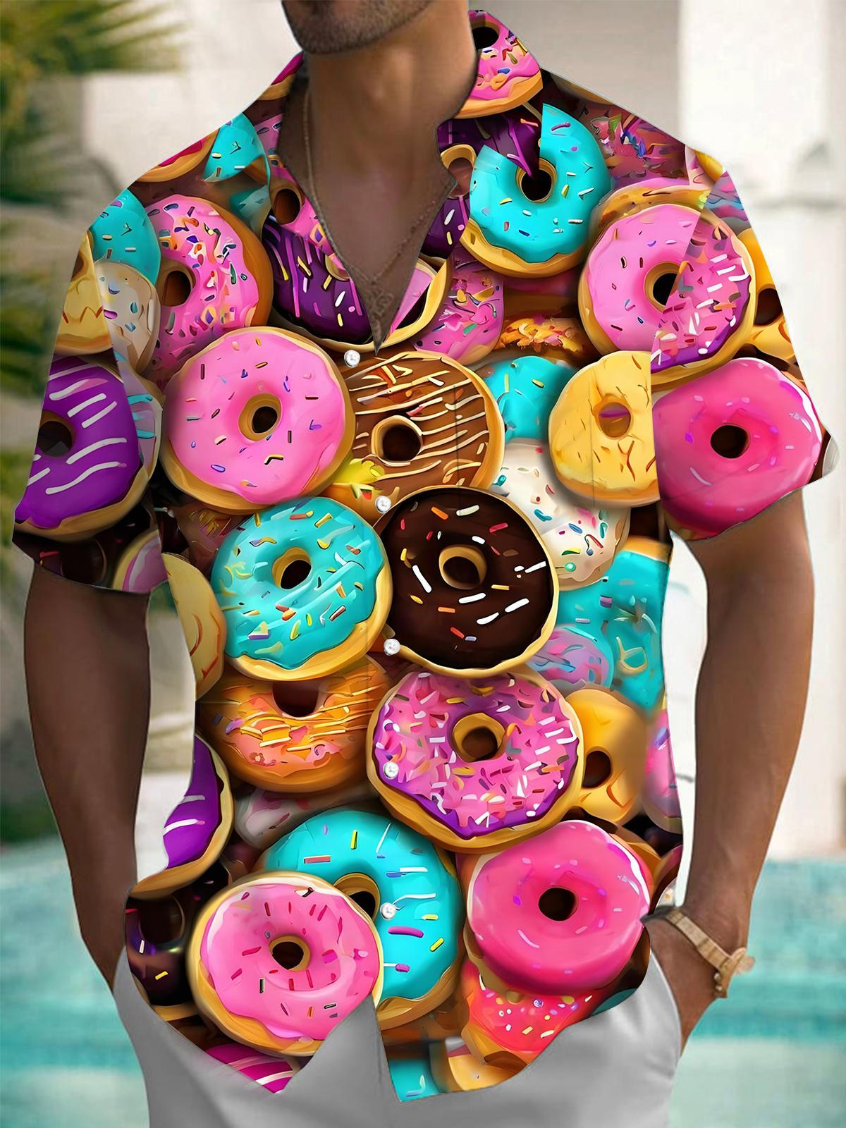 Donut Print Men's Pocket Short Sleeve Shirts