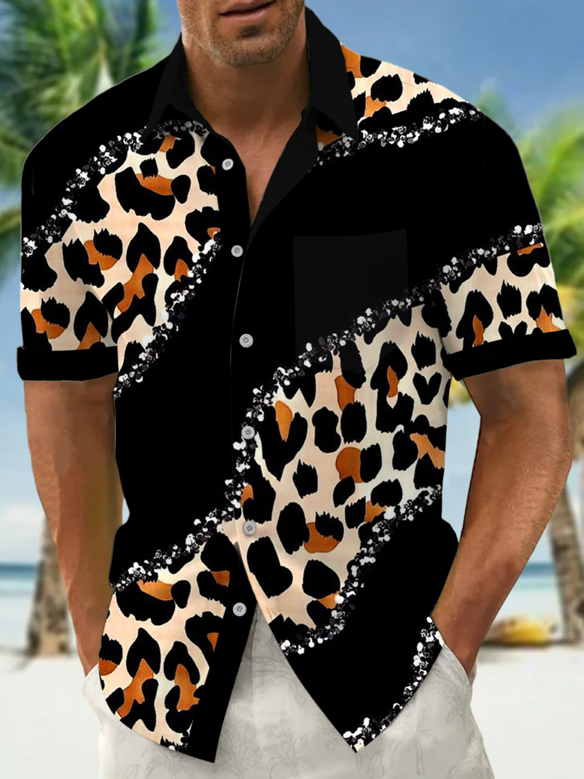 Leopard Patchwork Print Men's Pocket Short Sleeve Shirts