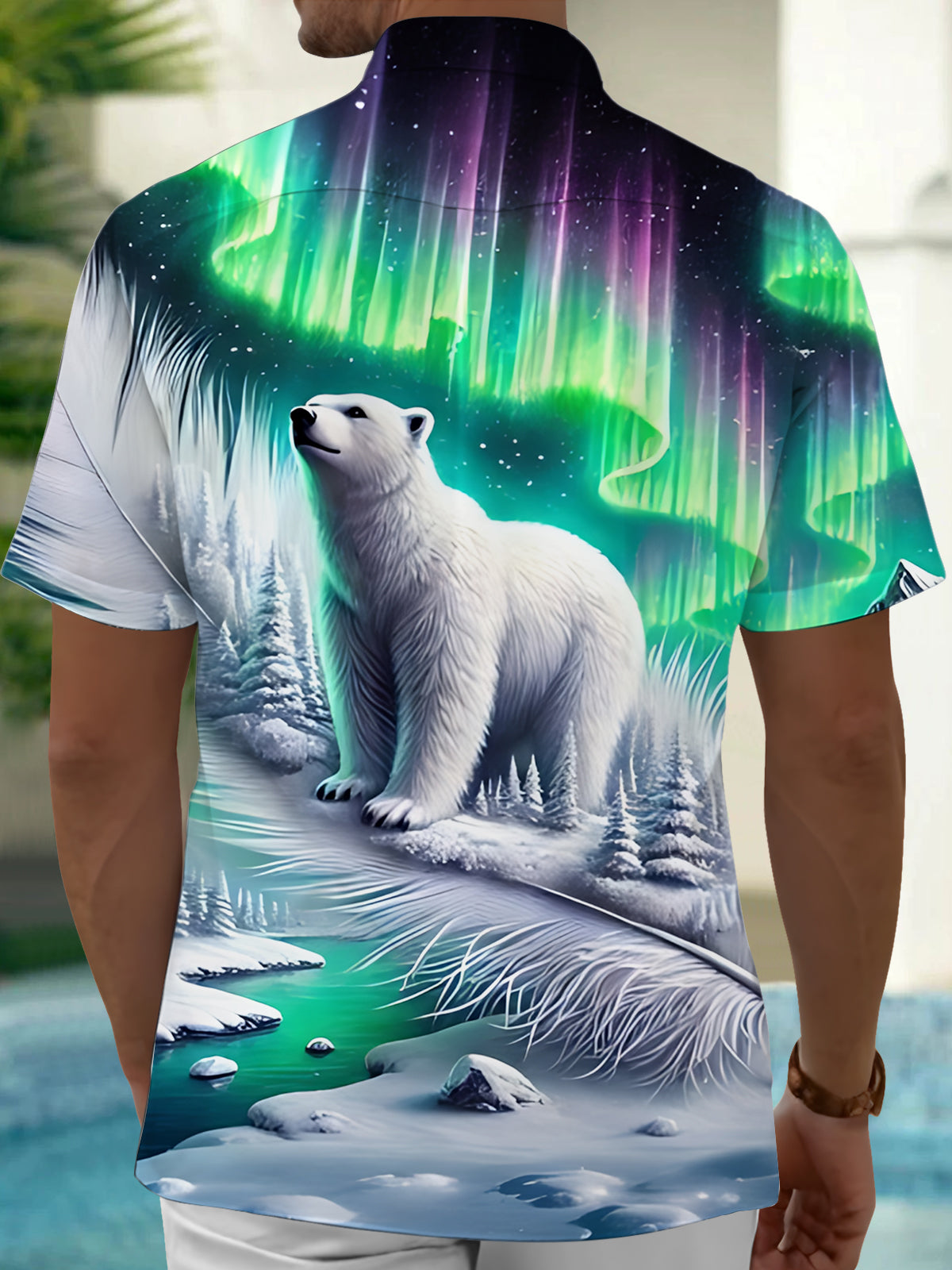 Polar Bear Aurora Snow Scene Print Men's Pocket Short Sleeve Shirts