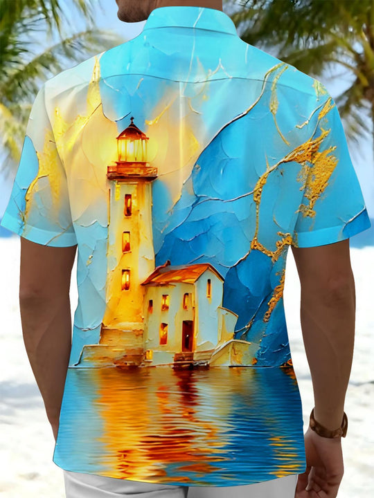 Men's blue short sleeve shirt back view with golden lighthouse mountain pattern