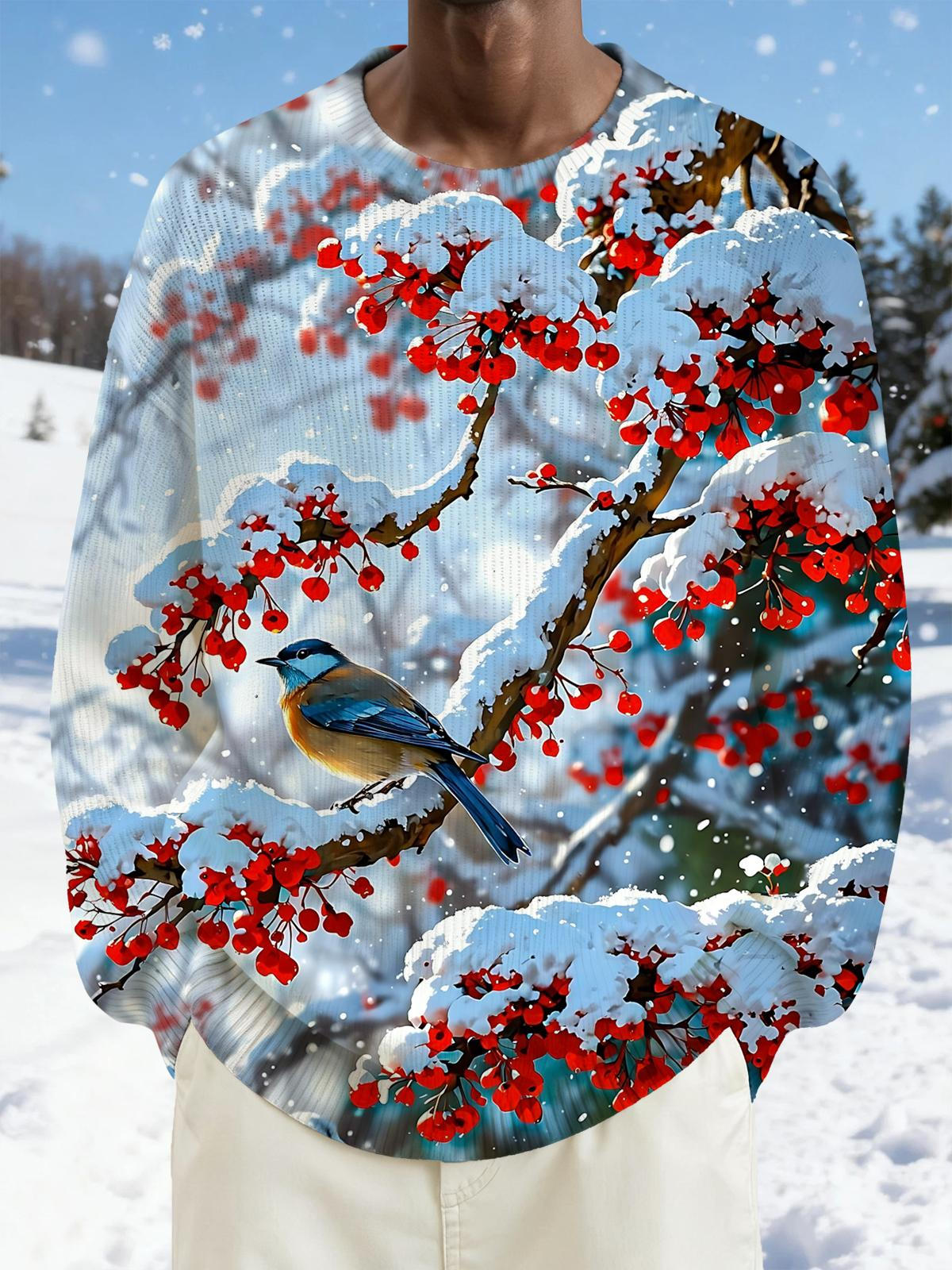 Winter Snow Bird Print Men's Long Sleeve Round Neck Tops
