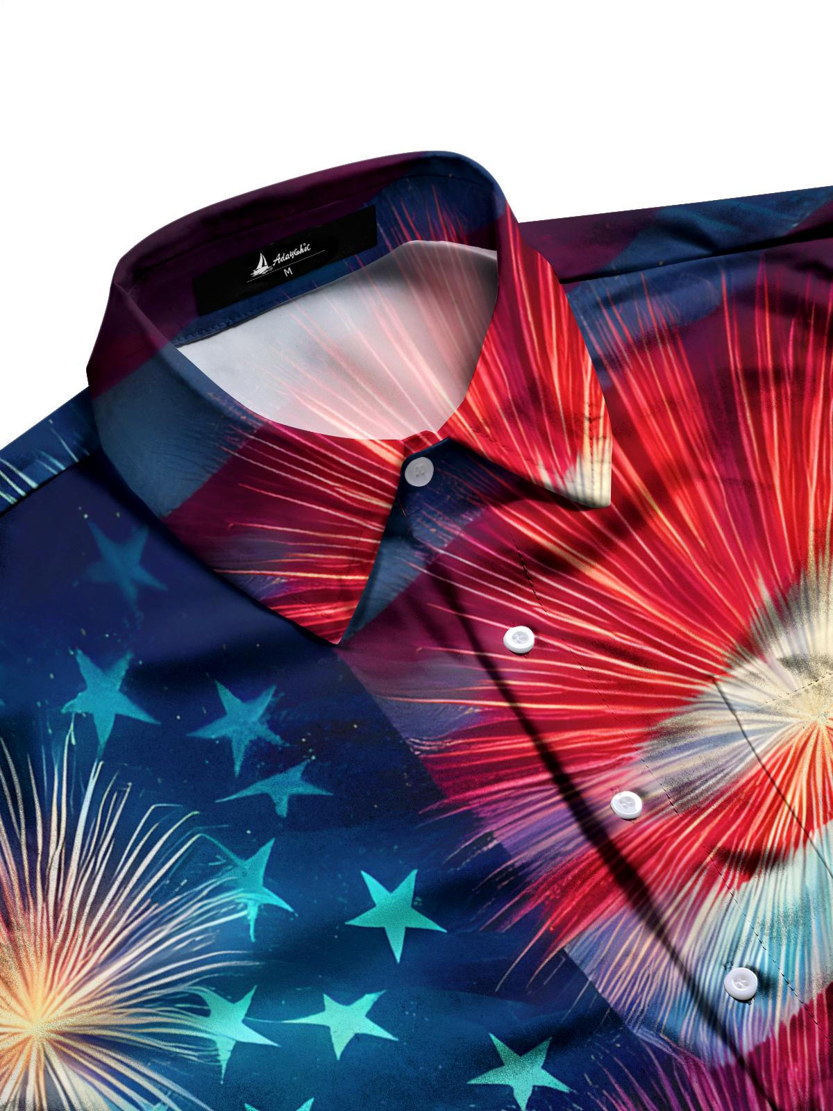 American Flag Independence Day Fireworks Night View Print Men's Pocket Short Sleeve Shirts
