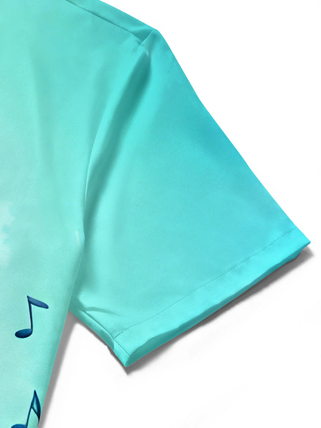 Men's colorful music note print short sleeve shirt fabric texture close-up