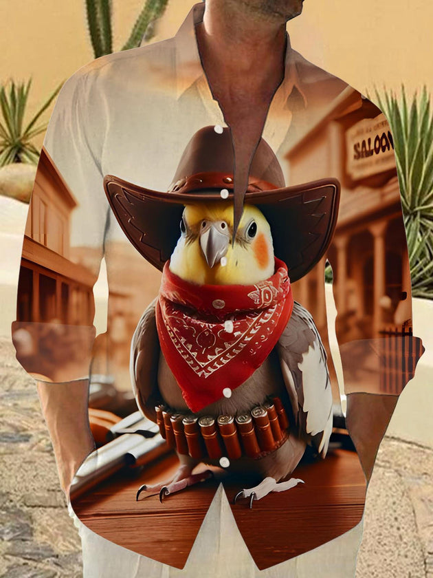 Men's funny parrot western cowboy long sleeve shirt front view