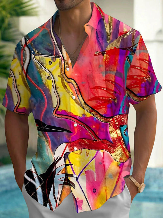Colorful Tie Dye Gilded Watercolor Abstract Crane Color Block Art Men's Pocket Short Sleeve Shirts