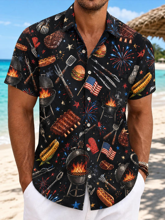 Independence Day American Flag Hot Dog Burger Barbecue Print Men's Pocket Short Sleeve Shirts