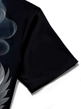 Men's short sleeve shirt dragon print detail close-up
