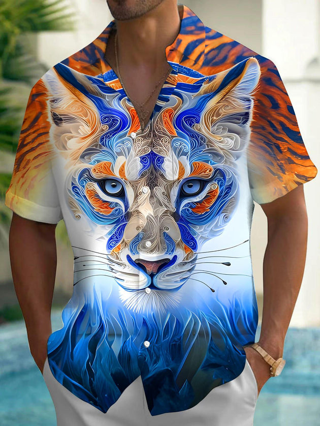 Men's Art Gradient Carving Tiger Pocket Short Sleeve Shirt Front View