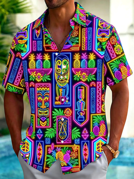 Colorful Tiki Hawaiian Print Men's Pocket Short Sleeve Shirts
