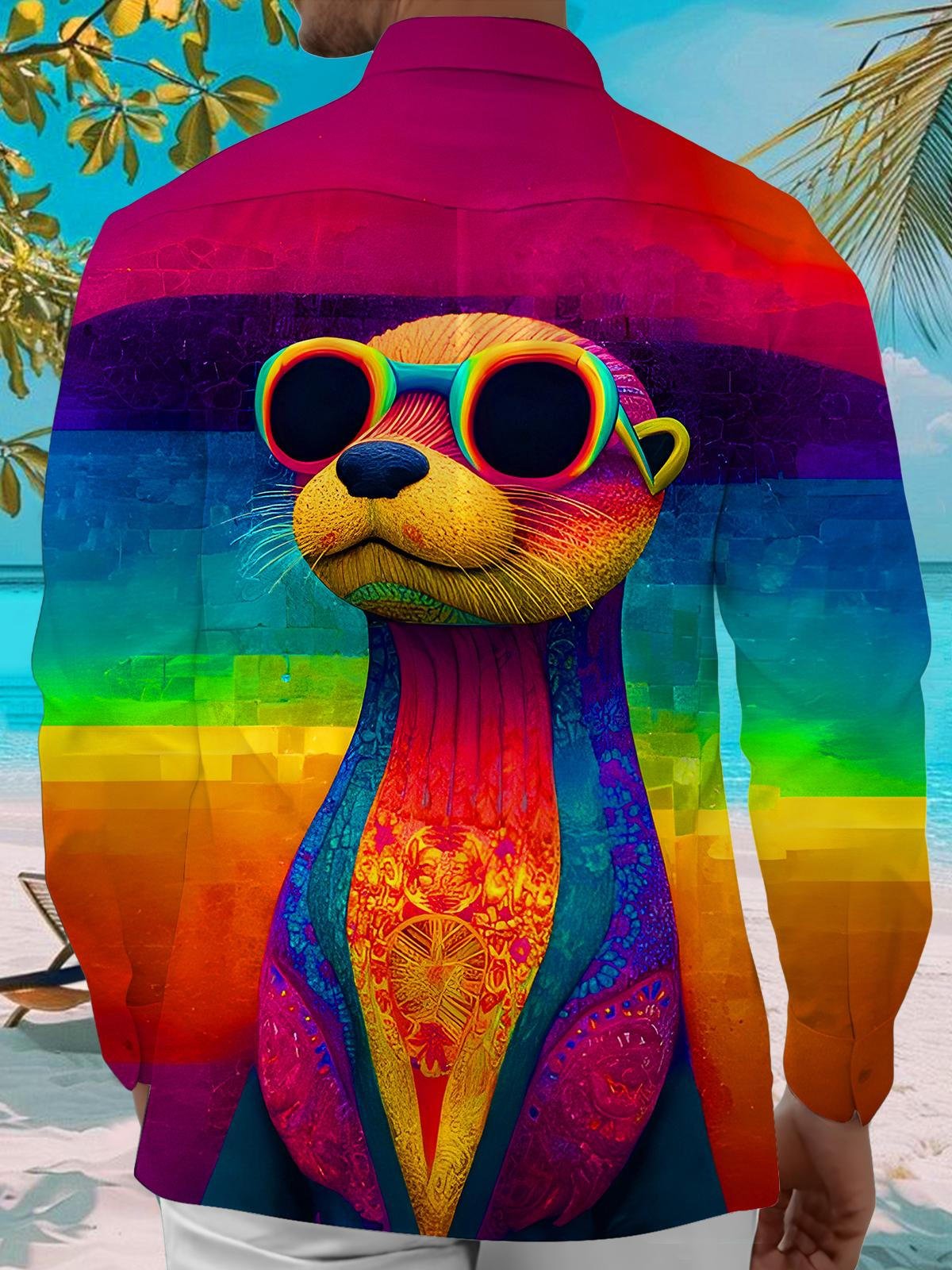 Funny Gradient Tie Dye Otter Wearing Sunglasses Men's Pocket Long Sleeve Shirts