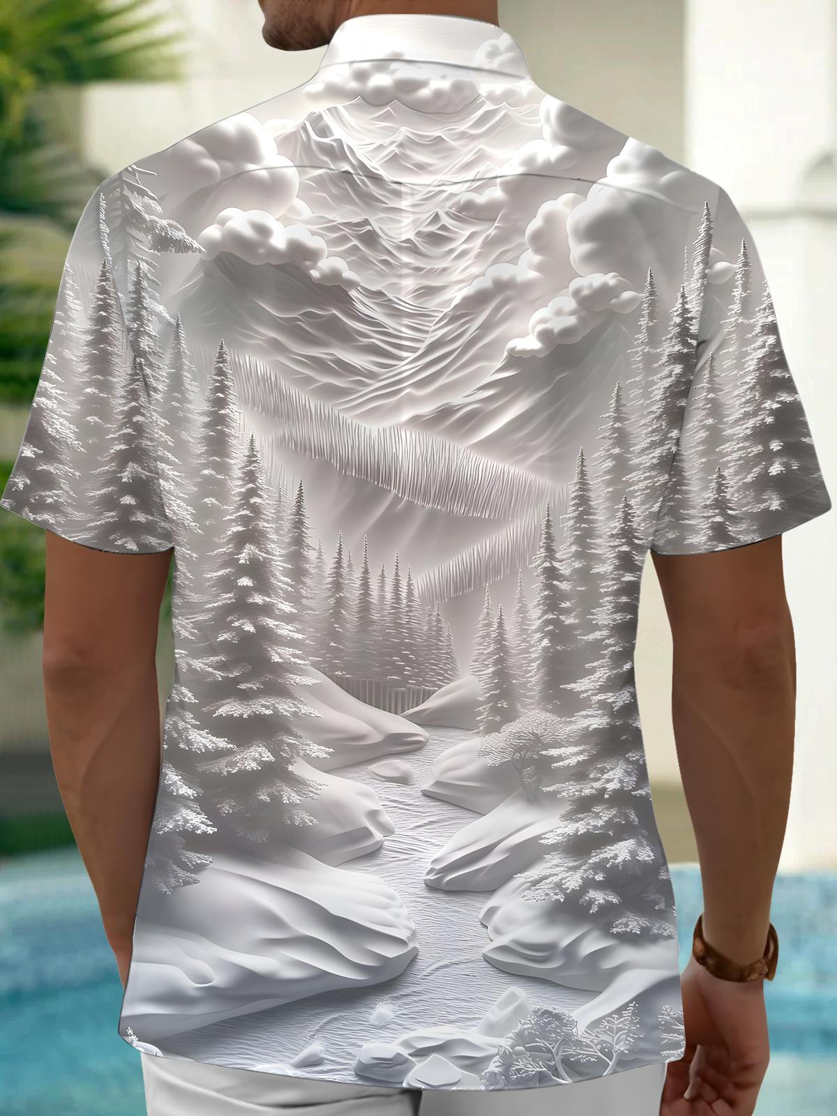 Tree Snow Scene Print Men's Pocket Short Sleeve Shirts