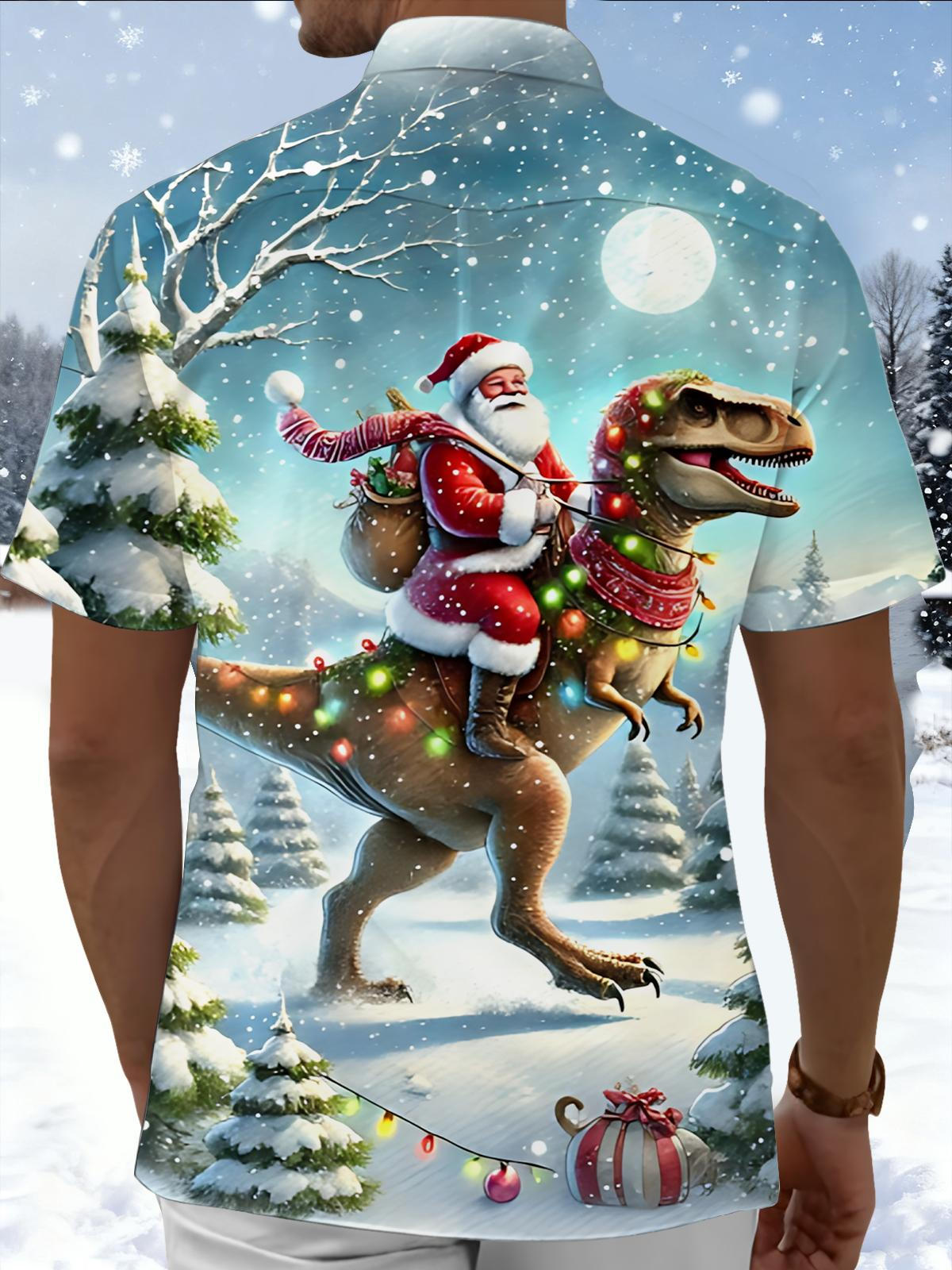 Santa Claus Dinosaur Print Men's Pocket Short Sleeve Shirts