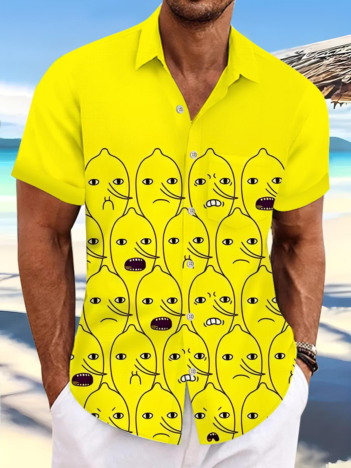 Fun Cartoon Print Men's Pocket Short Sleeve Shirts