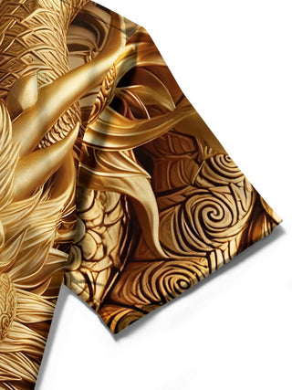Men's short sleeve shirt golden dragon print close-up detail