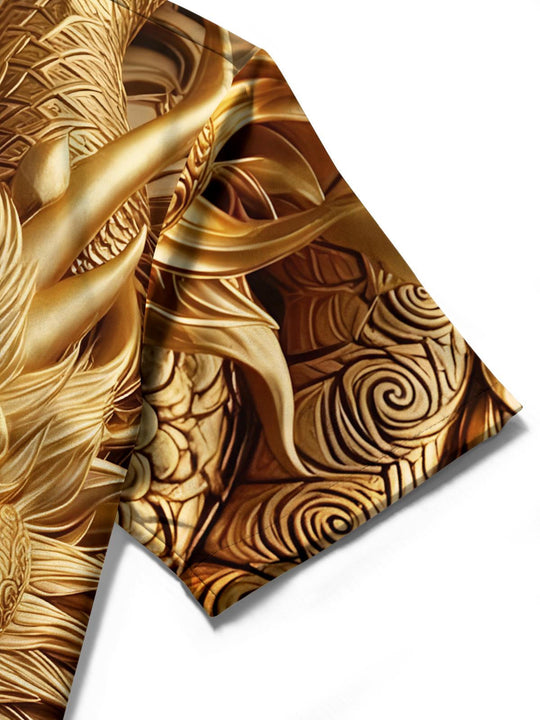 Men's short sleeve shirt golden dragon print close-up detail