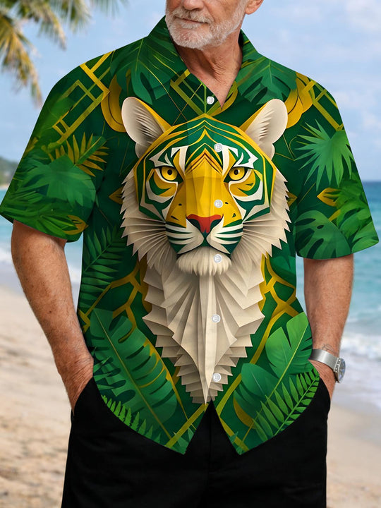 Hawaiian Leaves Tropical Origami Tiger Men's Pocket Short Sleeve Shirts