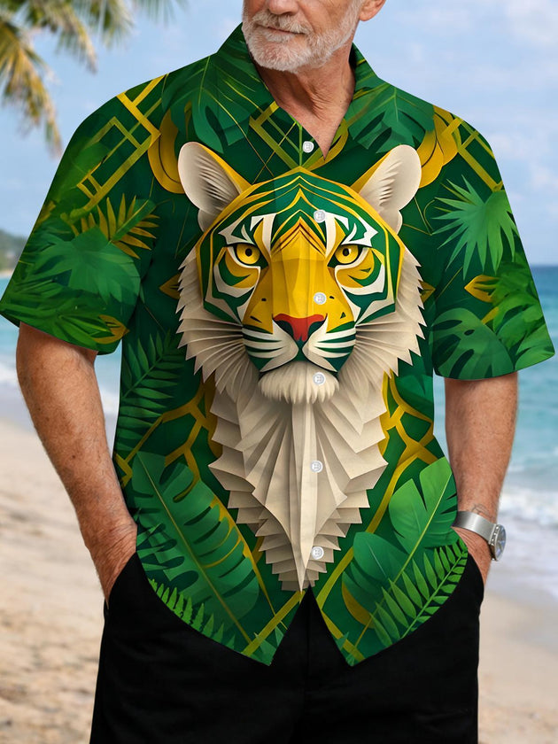 Hawaiian Leaves Tropical Origami Tiger Men's Pocket Short Sleeve Shirts