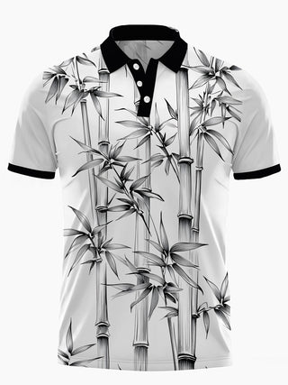 Men's bamboo print short sleeve button polo shirt front view