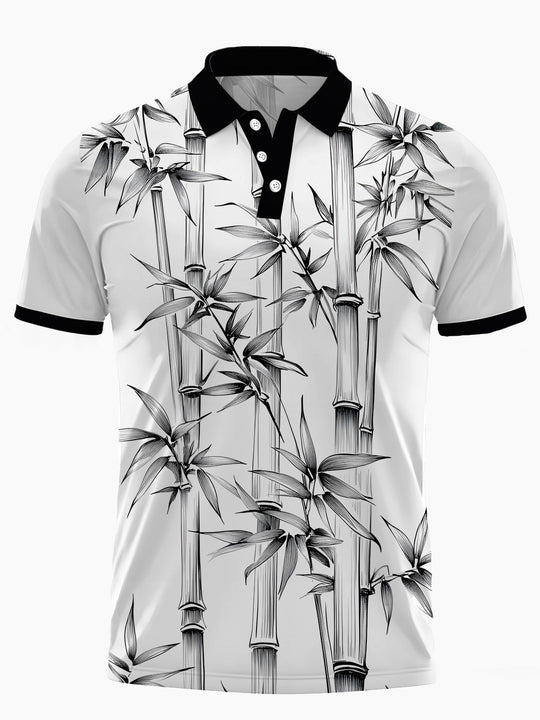 Men's bamboo print short sleeve button polo shirt front view