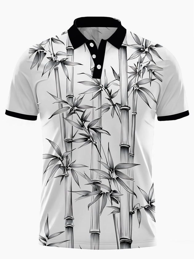 Men's bamboo print short sleeve button polo shirt front view