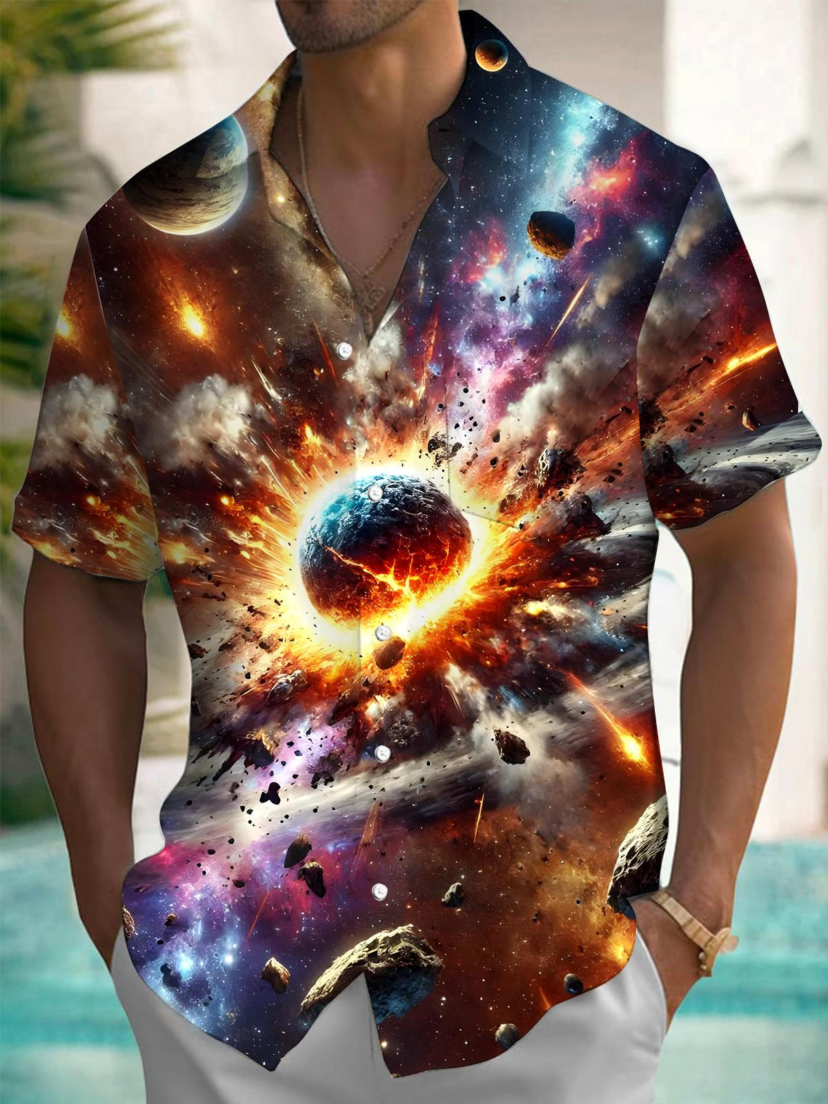 Universe Planet Explosion Men's Pocket Short Sleeve Shirts