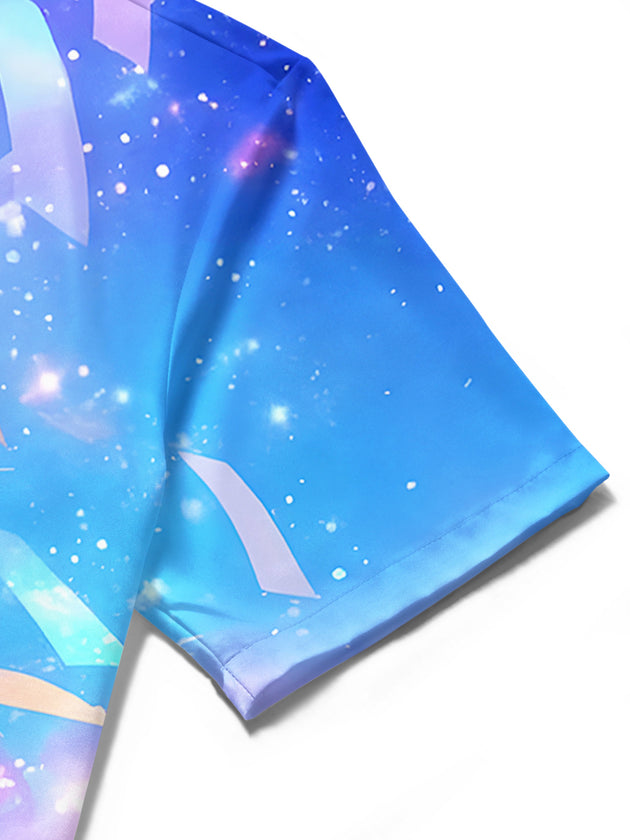 Men's Hawaiian tie dye short sleeve shirt pocket detail close-up