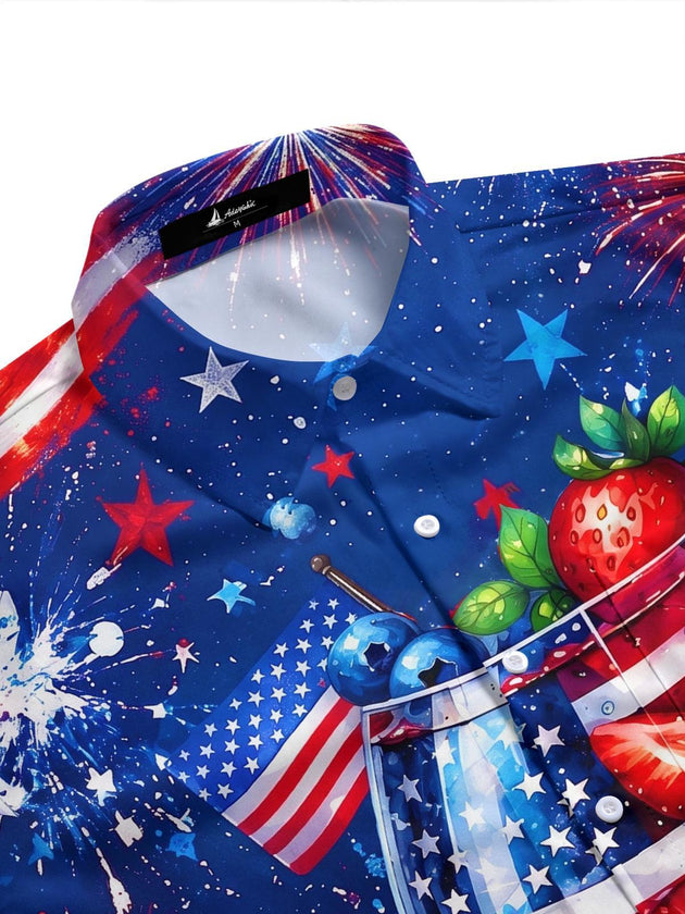 Independence Day Cocktail Fireworks Men's Pocket Short Sleeve Shirts