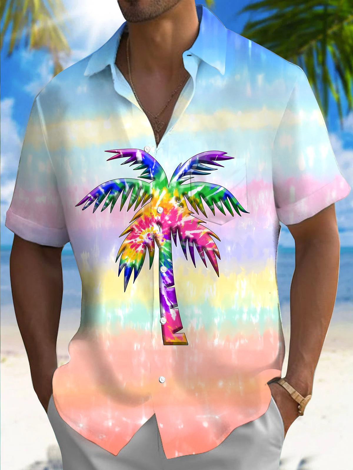 Coconut Tree Gradient Men's Pocket Short Sleeve Shirts