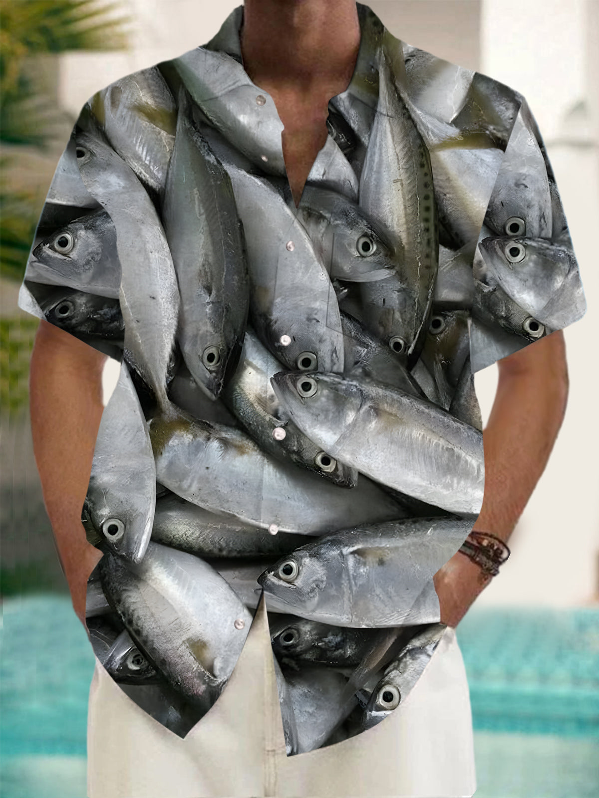 Fish Print Men's Pocket Short Sleeve Shirts