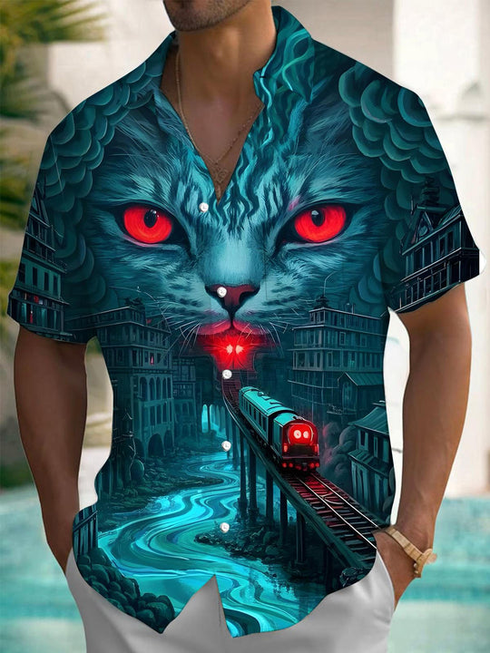 Men's cat train print short sleeve shirt front view